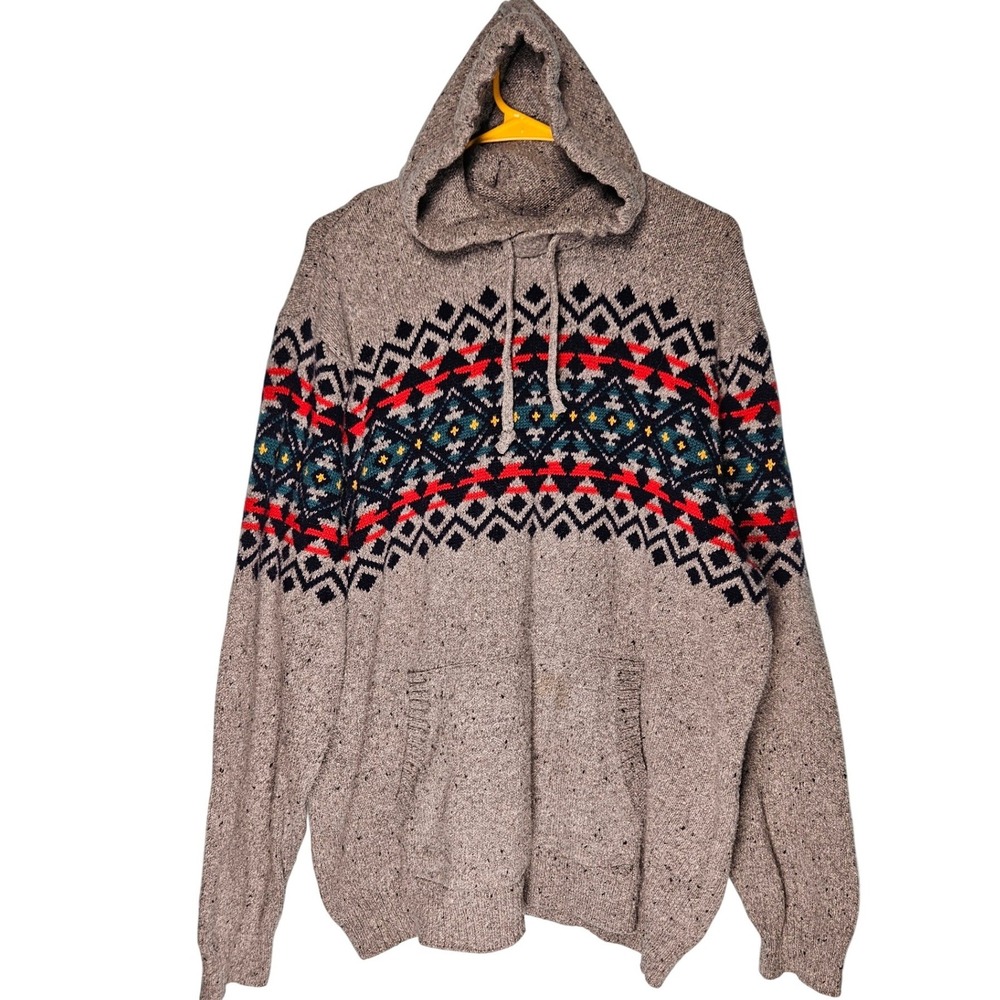 American Eagle‎ Mens XXL Fair Isle Knit Hoodie Gray Wool Blend Sweater Gorpcore